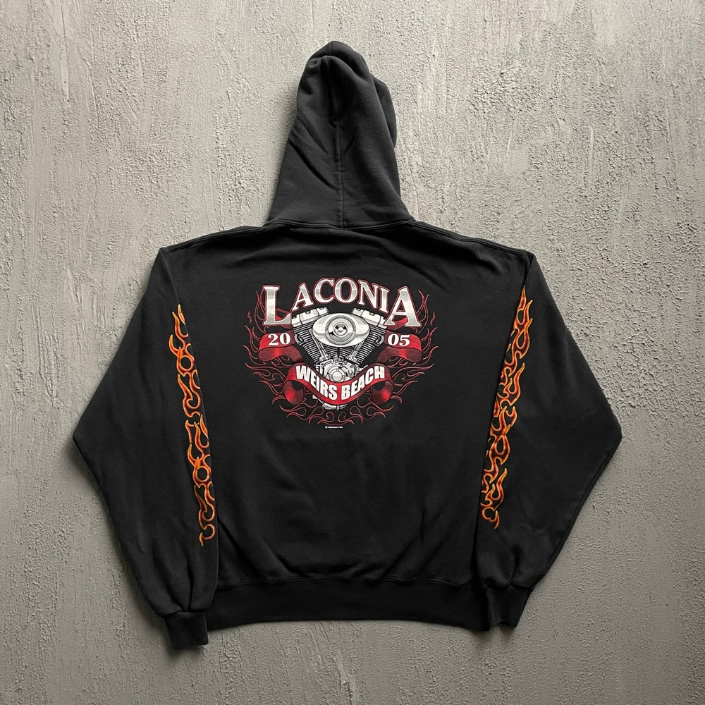 Vintage Laconia Weirs Beach Biker Hoodie Men Large Black 2000s Good Sports